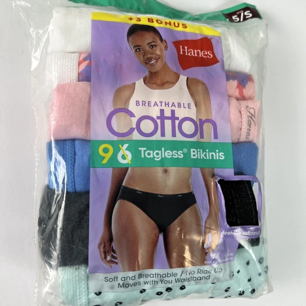 Hanes Women's Bikinis 9 Pair‎ Size 5/S Breathable Cotton Soft Multicolor B40